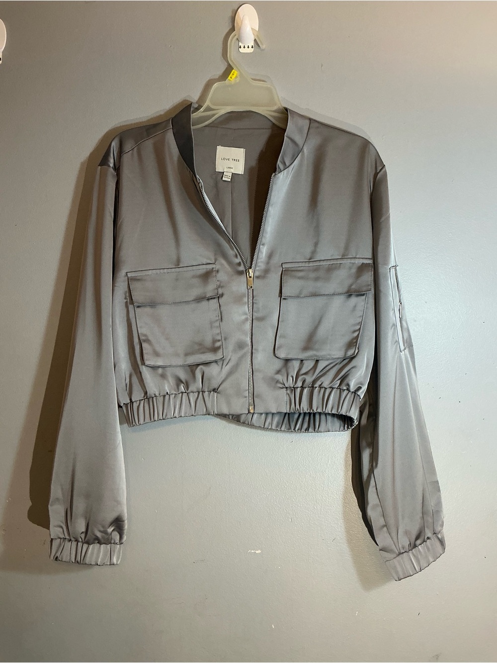Love Tree Silver-Gray Cropped Satin Bomber Jacket